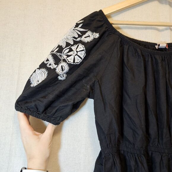 Knox Rose Womens Black Dress White Floral Embroidery Pockets Ruffle Size Large - Picture 4 of 10